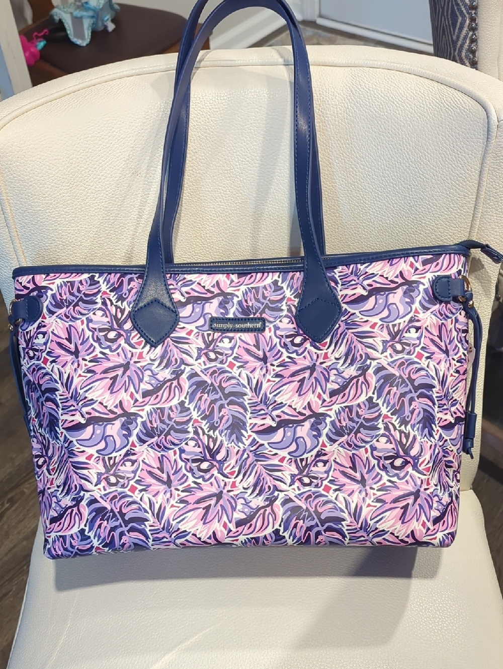 Simply Southern Pink and Purple Floral Tote with Navy Accents